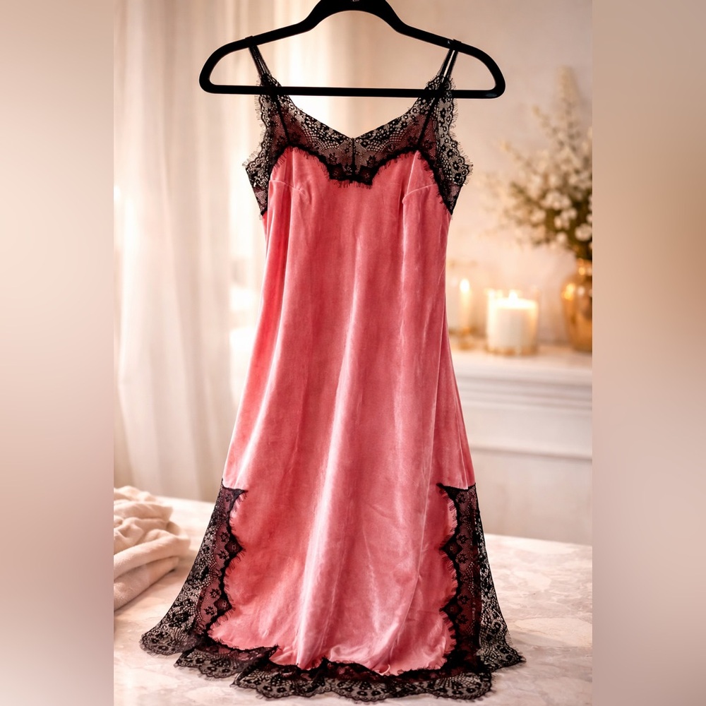 Pink Stretch Velvet Lace Trim Midi Slip Dress • Side Slits • NWT Matching Thong